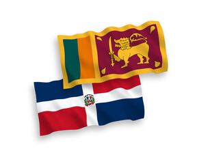 National vector fabric wave flags of Dominican Republic and Democratic Socialist Republic of Sri Lanka isolated on white background. 1 to 2 proportion.