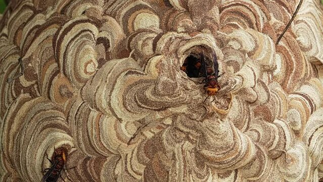 Beautiful Asian Hornet Hive Close-Up, Entering and Going Out of the Hive
