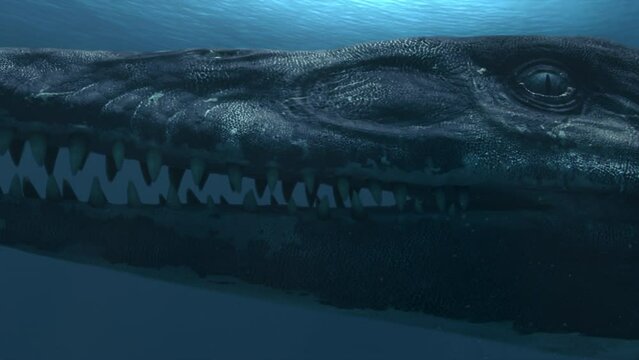 Kronosaur swimming in dark ocean close up