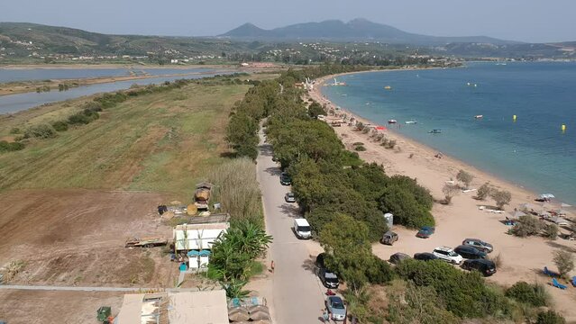 Panoramic aerial view over Divari beach near Navarino bay, Gialova. It is one of the best beaches in mediterranean Europe. Beautiful lagoon near Voidokilia from a high point of view, Messinia, Greece