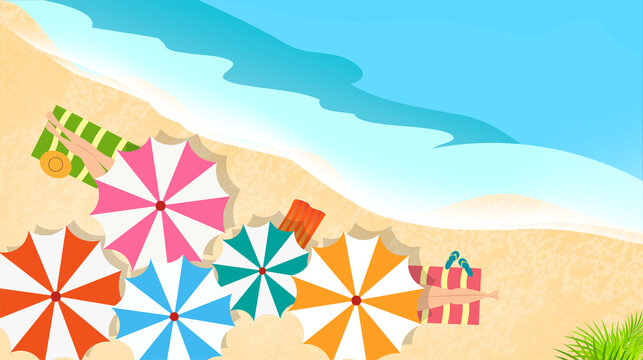 People at beach or seashore relaxing. sunbathing under Beach umbrella. resting on the tropic summer beach. Flat cartoon illustration. Vacation and travel concept. 