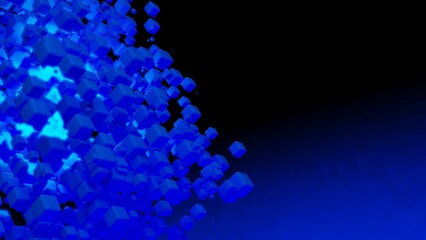 Fototapeta premium Randomly placed blue cubes with blue illumination under blue-black background. Concept 3D illustration of block chain, metabase technology and data mining.