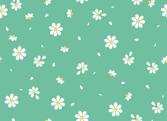 Daisies and petals on a green background seamless pattern. Chamomile flowers. Vector background. 
