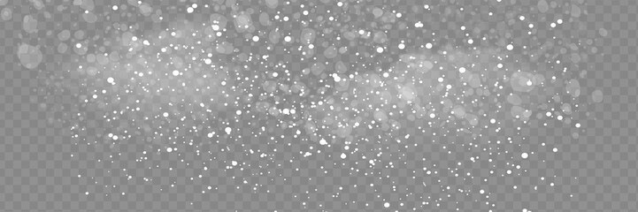 Falling snow on a transparent background. Snow clouds or shrouds. Fog, snowfall. Abstract snowflake background. Fall of snow. Vector illustrator 10 EPS.