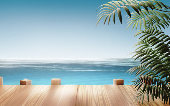 Wooden table with sea background, 3D Rendering, 3D illustration