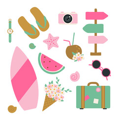 Travel and adventure tourism, sea trips, summer holidays. Ideal for sticker set, scrapbooking, posters, tags for. Hand drawn vector illustration.