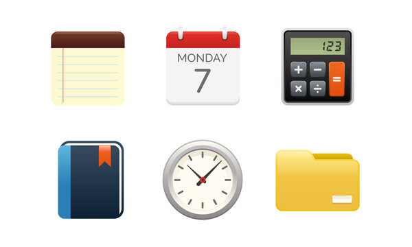 Vector illustration of business office element, such as note, calendar, calculator, clock, and folder. Suitable for office stationary item icon.