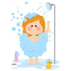 Little child in the bathroom taking a shower. Vector illustration