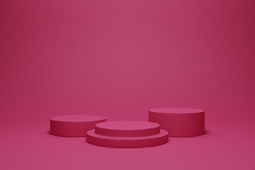 3D rendering pink colour theme various cylinder pedestal or podium for product showcase display on empty background. 3D mockup illustration