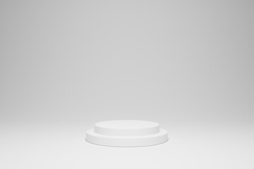 3D rendering white colour minimal concept double cylinder pedestal or podium for product showcase display on empty background. 3D mockup illustration