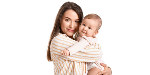 Portrait of happy mother with cute little baby on white background
