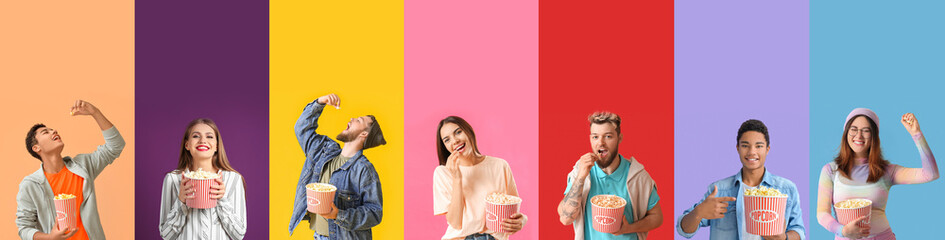 Group of young people with crunchy popcorn on colorful background with space for text