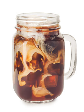 Mason jar with cold brew coffee and milk on white background