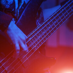 Fototapeta premium The bass guitarist plays the bass guitar in the spotlight. Selective focus