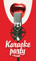 Vector poster for a karaoke party with a singing female mouth, a studio microphone and a calligraphic inscription on a red background. Suitable for advertising banner, music poster, flyer, invitation - obrazy, fototapety, plakaty
