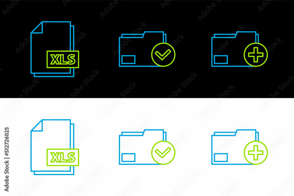 Fototapete set line add new folder, xls file document and document and check mark icon. vector