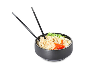 Bowl of tasty noodles with eggs and bell pepper isolated on white background