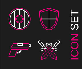 Set line Crossed medieval sword, Pistol gun, Shield and Round wooden shield icon. Vector