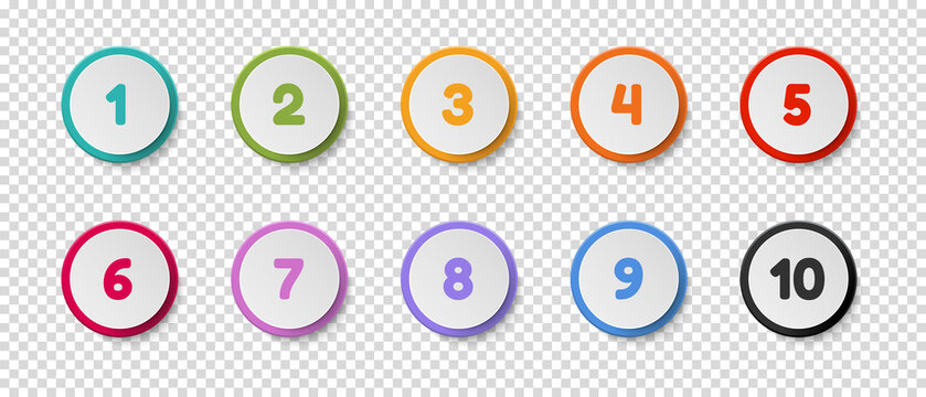 Colorful Round Number Button Set From 1 To 10 - Vector Illustrations Isolated On Transparent Background