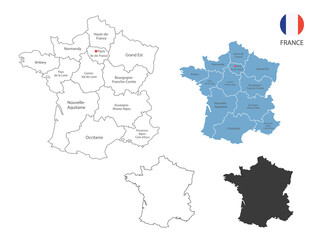 Obraz premium 4 style of France map vector illustration have all province and mark the capital city of France. By thin black outline simplicity style and dark shadow style. Isolated on white background.