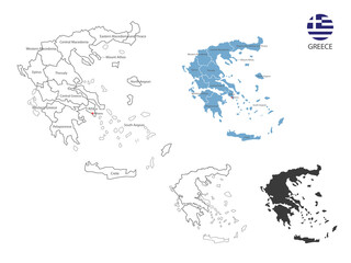 Fototapeta na wymiar 4 style of Greece map vector illustration have all province and mark the capital city of Greece. By thin black outline simplicity style and dark shadow style. Isolated on white background.
