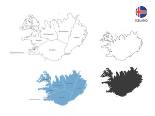 4 style of Iceland map vector illustration have all province and mark the capital city of Iceland. By thin black outline simplicity style and dark shadow style. Isolated on white background.
