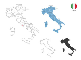 4 style of Italy map vector illustration have all province and mark the capital city of Italy. By thin black outline simplicity style and dark shadow style. Isolated on white background.