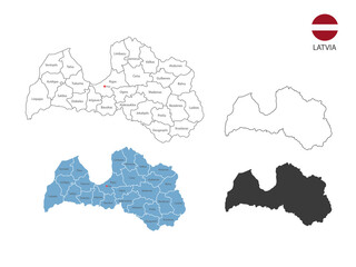 4 style of Latvia map vector illustration have all province and mark the capital city of Latvia. By thin black outline simplicity style and dark shadow style. Isolated on white background.