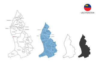 4 style of Liechtenstein map vector illustration have all province and mark the capital city of Liechtenste. By thin black outline simplicity style and dark shadow style. Isolated on white background. - obrazy, fototapety, plakaty