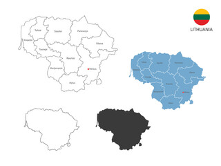 4 style of Lithuania map vector illustration have all province and mark the capital city of Lithuania. By thin black outline simplicity style and dark shadow style. Isolated on white background.
