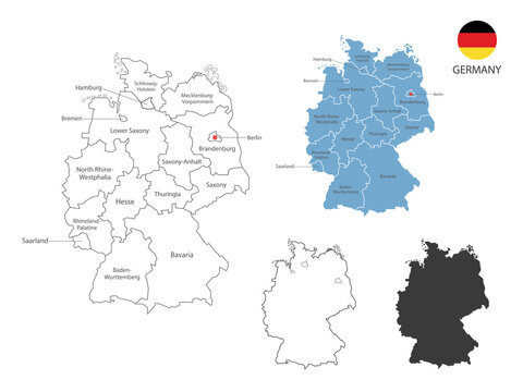 4 style of Germany map vector illustration have all province and mark the capital city of Germany. By thin black outline simplicity style and dark shadow style. Isolated on white background.