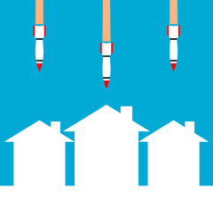 White missile rocket warhead frying air strikes attack destroyed building city home in war with blue background icon flat vector design.