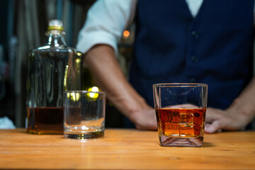 Bartender Serve Whiskey, on wood bar, 