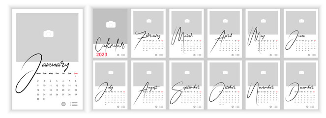 Wall Monthly Photo Calendar 2023. Simple monthly vertical photo calendar Layout 2023 year in English. Cover, 12 months templates. Week starts from Monday. Vector illustration - obrazy, fototapety, plakaty