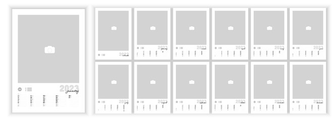 Wall Monthly Photo Calendar 2023. Simple monthly vertical photo calendar Layout for 2023 year in English. Cover Calendar, 12 months templates. Vertical data grids. Vector illustration