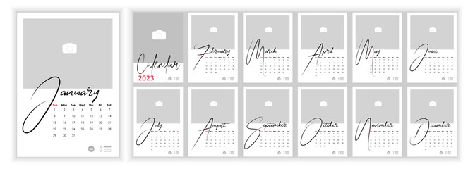 Wall Monthly Photo Calendar 2023. Simple monthly vertical photo calendar Layout for 2023 year in English. Cover Calendar, 12 months templates. Week starts from Sunday. Vector illustration - obrazy, fototapety, plakaty