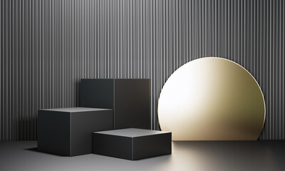 3d background. Black square boxes booth podium for luxury and elegant product cosmetic or technology showcase.