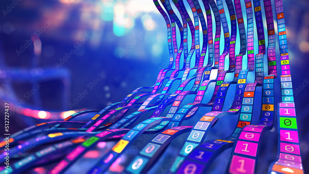 Poster Binary code wave information. Data flow, stream and business analytics. Big data in global cyberspace. Block chain 3D illustration