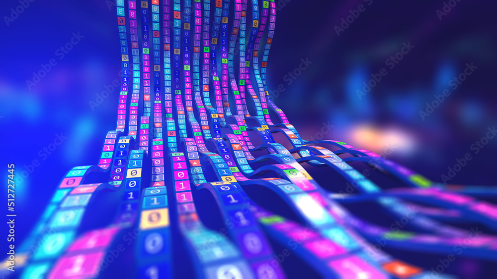 Poster Binary code wave information. Data flow, stream and business analytics. Big data in global cyberspace. Block chain 3D illustration