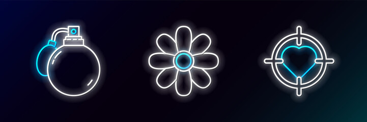 Set line Heart in the center of target aim, Perfume and Flower icon. Glowing neon. Vector