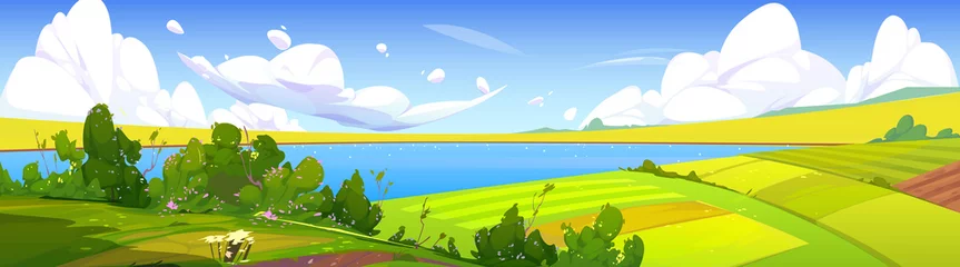 Fototapeten Sommerlandschaft mit See und grünen Landwirtschaftsfeldern. Vektorkarikaturillustration der Naturszene der Landschaft mit Ackerland, Fluss und Felsen © klyaksun