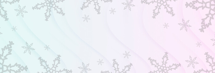 snowflakes and ice crystals on blue wave backdrop, winter background panorama banner long