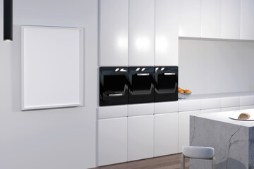 The design interior kitchen with white mock up frame. 3D render