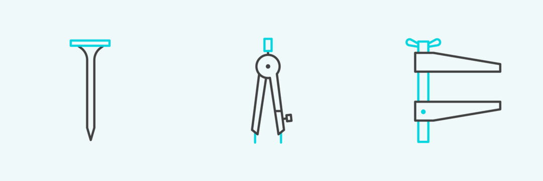 Set line Clamp tool, Metallic nail and Drawing compass icon. Vector