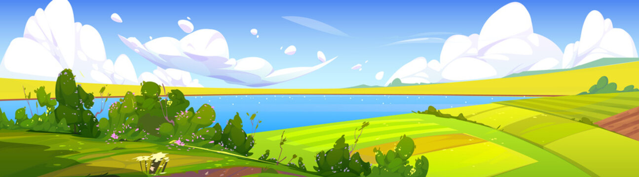 Summer landscape with lake and green agriculture fields. Vector cartoon illustration of nature scene of countryside with farmlands, river and rocks