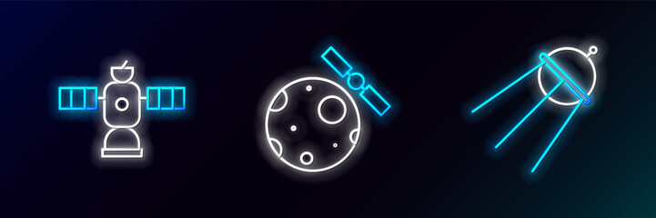 Set line Satellite, and Satellites orbiting the planet Earth icon. Glowing neon. Vector