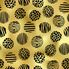 Hand drawn gold animal textured circles seamless pattern. Vector nature black and golden doodle print background. Abstract leopard spots, tiger stripes, zebra texture, giraffe pattern art element