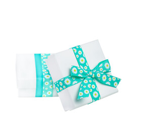White gift boxes with colored ribbons on a white background. Isolated object
