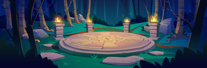 Ancient celtic round stone platform, pillars with fire in forest at night. Vector cartoon illustration of woods landscape with birch trees and old abandoned sacred altar with pagan symbols