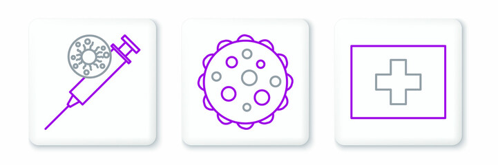 Set line First aid kit, Syringe and virus and Virus icon. Vector